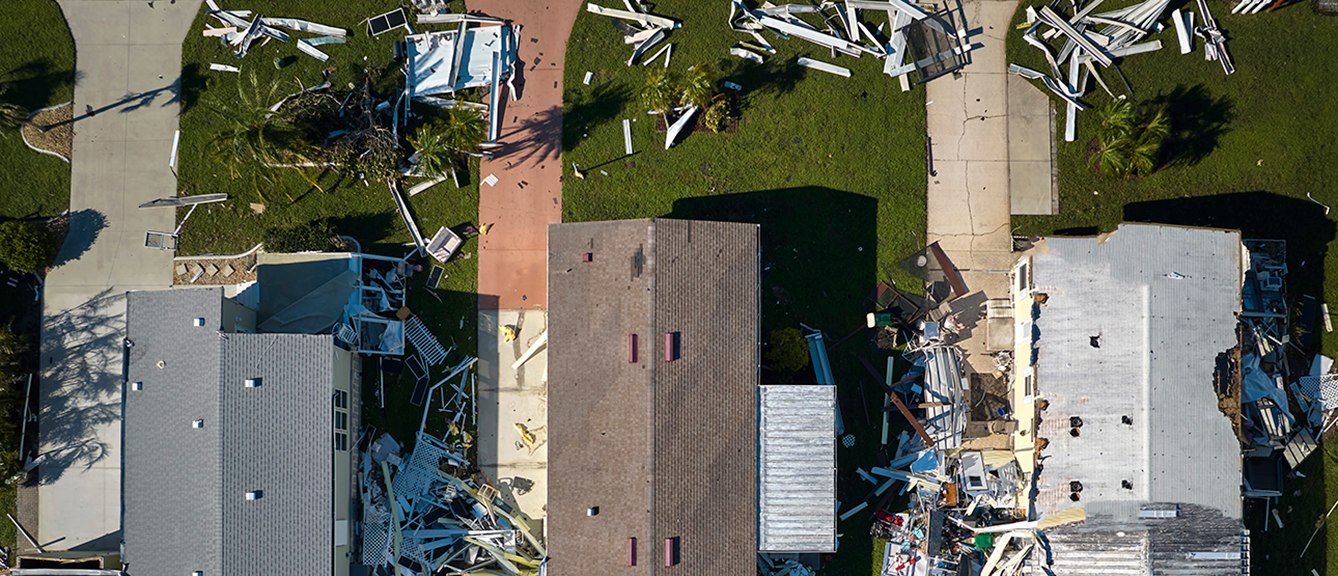 Aerial view of damage caused by a cyclone to residential properties