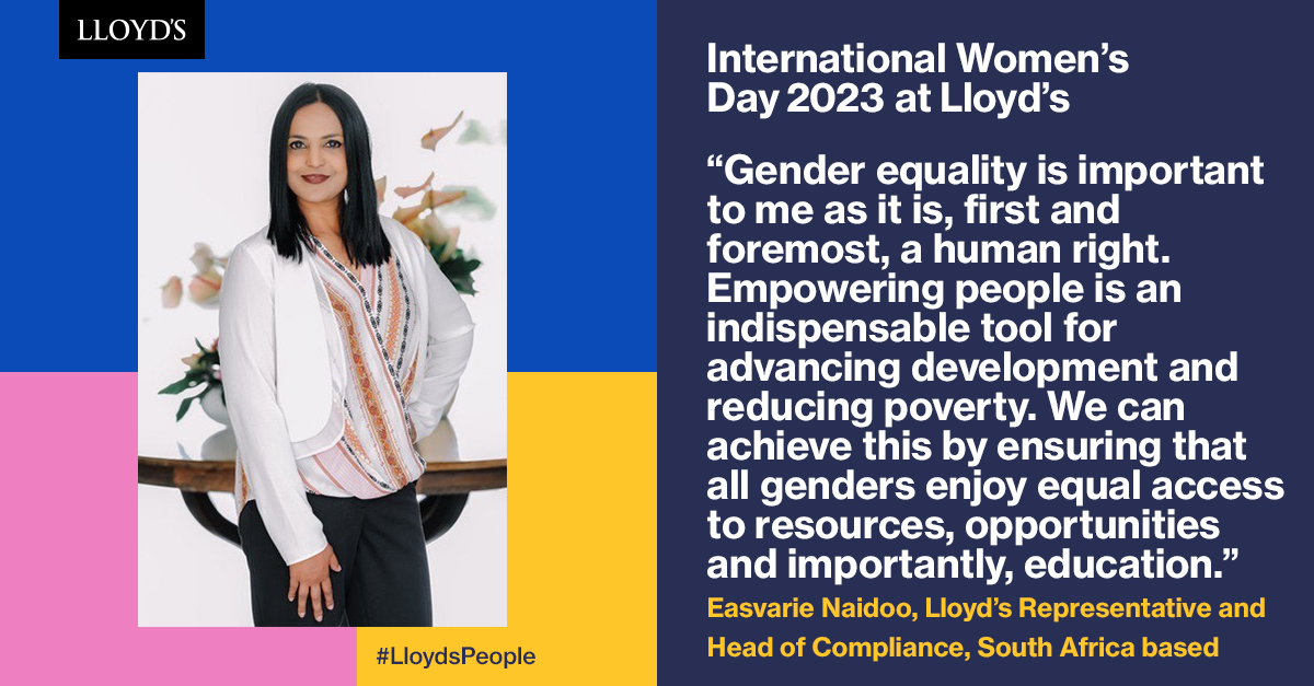 Photo of Easvarie Naidoo, Lloyd's Representative and Head of Compliance, based in South Africa. She states that 