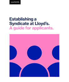 Front cover of guide displays the title: Establishing a Syndicate at Lloyd's. A guide for applicants. and an illustration of 3 blue figures, from shoulders up, on a pink background