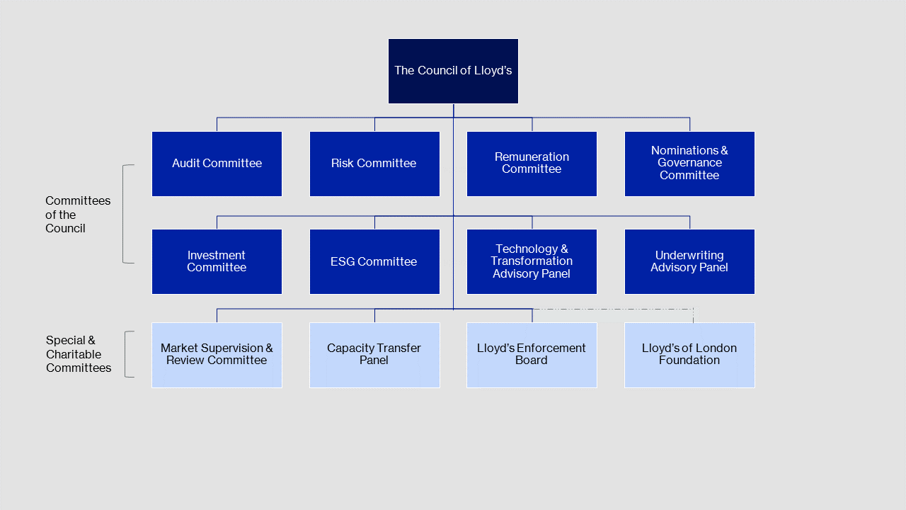 Lloyd's committees include the Council of Lloyd's, under which sit the committees of the council, comprising the audit, risk, renumeration, nominations and governance, investment, and ESG committees along with the technology and transformation advisory panel and the underwriting advisory panel. The special and charitable committees consist of the market supervision and review committee, the capacity transfer panel, the Lloyd's enforcement board and the Lloyd's of London Foundation.