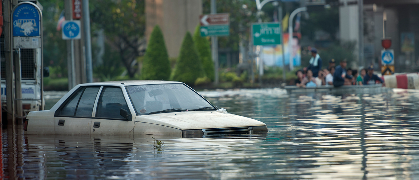 A car submerged in flood water